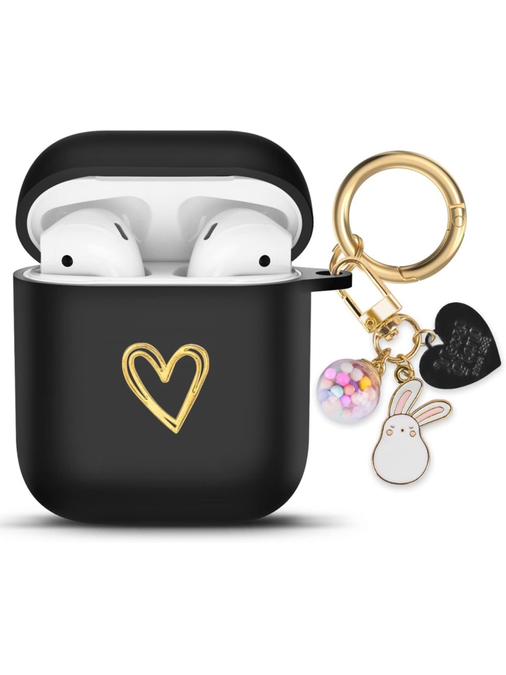 Black AirPods 2nd Generation Case with Gold Heart & Charm Keyring